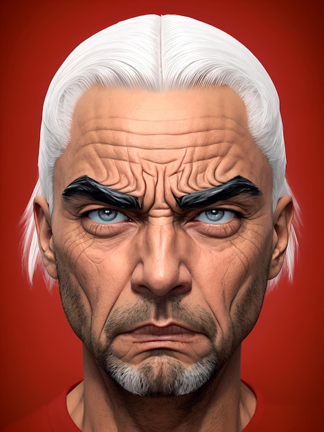 Photo background of portrait of angry white hair wrinkled man with beard and mustache in red tsh