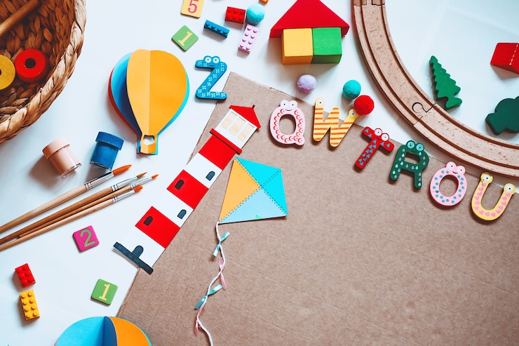 background for preschool kids educational toys and school supplies for draw and make diy crafts