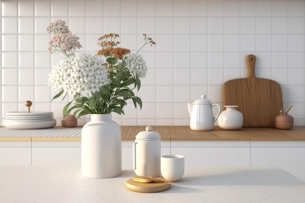 Background of a product presentation with a simple homey design interior of the kitchen with flowers
