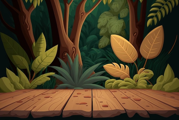 Background for product presentation of a wooden surface with vegetation