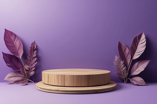 Background for product scene wooden and purple product display podium on violet background with leaves for mockup cosmetic spa product 3d stage showcase on pedestal display studio