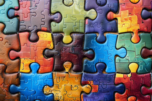 Background of a puzzle pattern with diverse colorful pieces