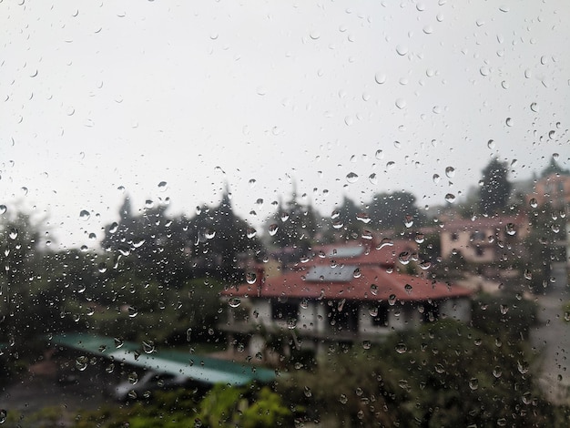 Background of rain drops on window close up. Flat lay. Fall. Autumn season