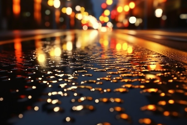Background of raindrops on asphalt with beautiful reflection of urban lights at night generatrive ai