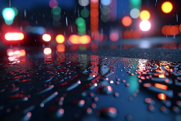 Background of raindrops on asphalt with beautiful reflection of urban lights at night generatrive ai