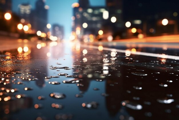 Background of raindrops on asphalt with beautiful reflection of urban lights at night generatrive ai