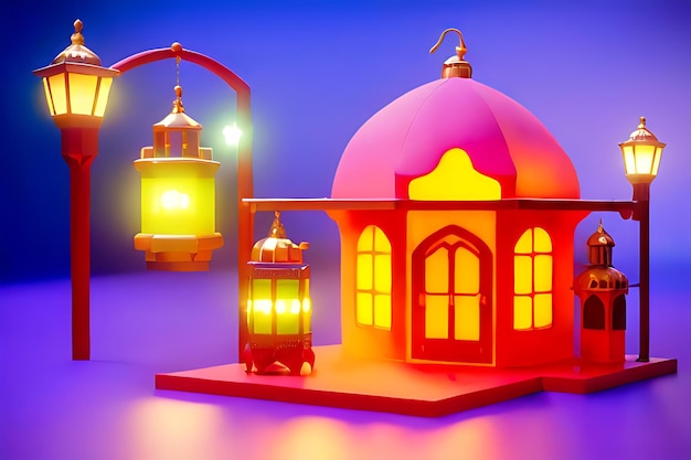 Background of Ramadan Colorful Mosque Lantern with Glowing Lights