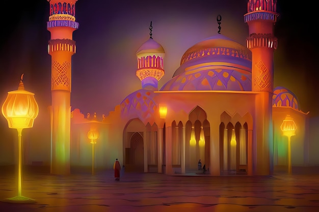 Background of Ramadan Colorful Mosque Lantern with Glowing Lights