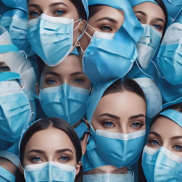 Background of randomly placed blue medical masks