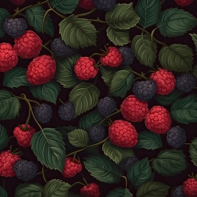 Background raspberries and blackberries with green leaves