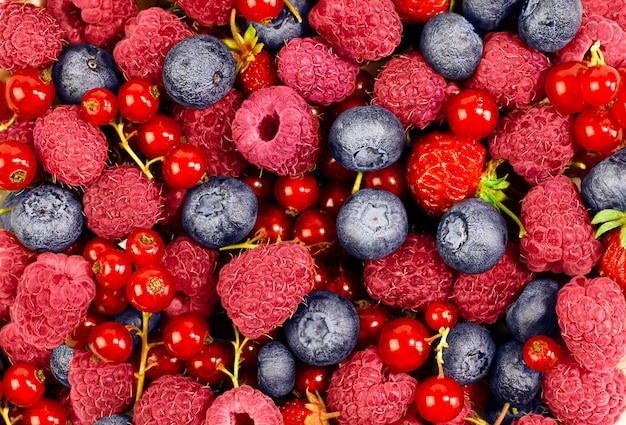 Background of raspberries, blueberries, red currants and strawberries close up