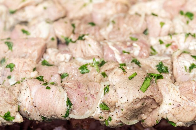 Background of raw grilled meat with green parsley and dill