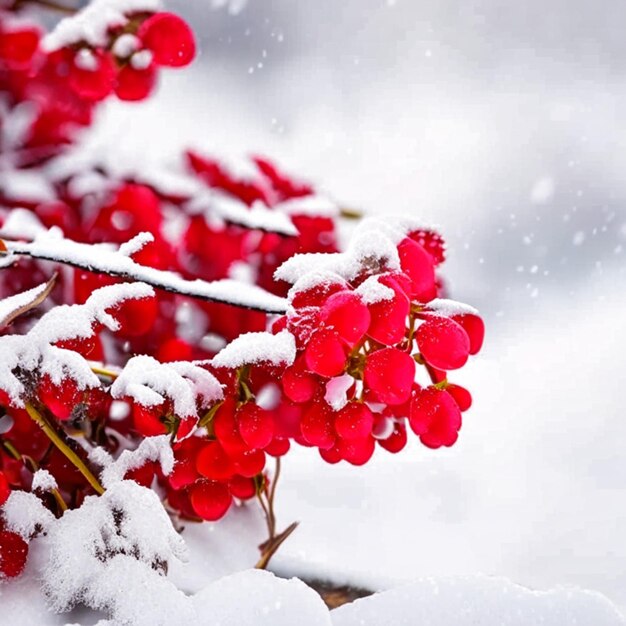 background of red berries in snow close up
