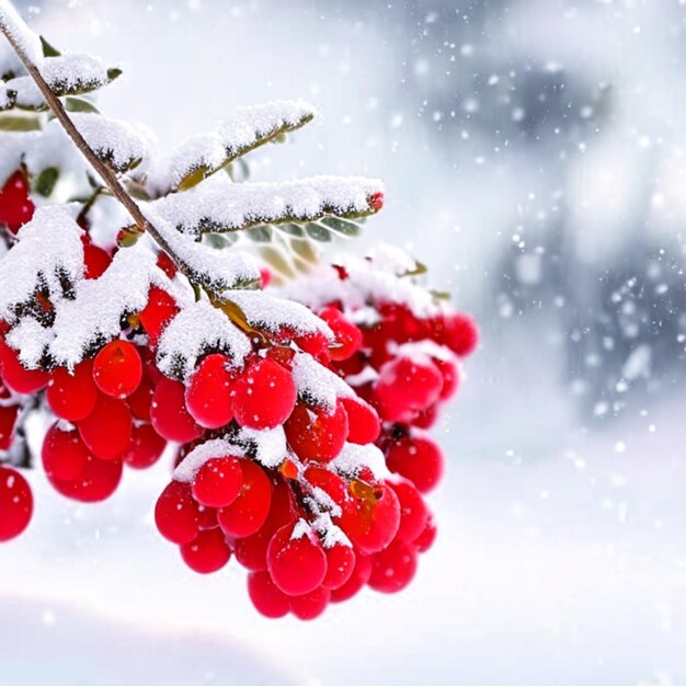 background of red berries in snow close up