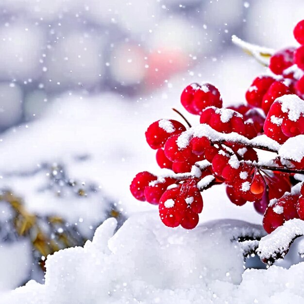 background of red berries in snow close up