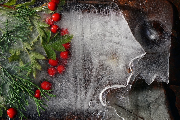 Background of red berry of hawthorn and twif of juniper  frozen in ice