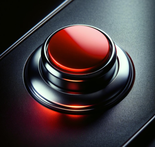 背景: 黒色の反射性テクスチャの黒い表面にクロムの赤いボタン