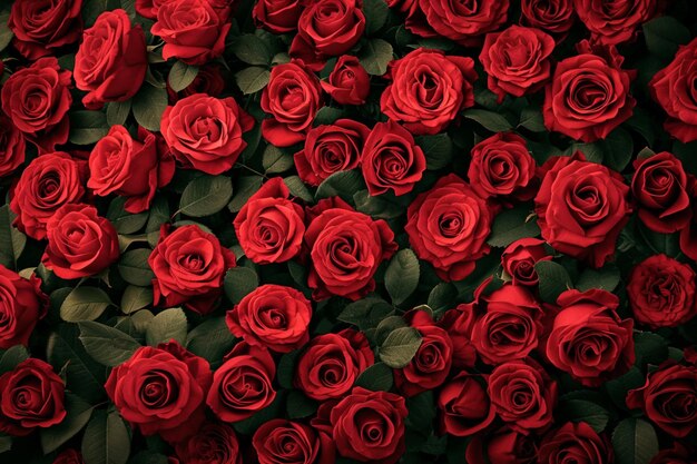 Background of red roses and green leaves Generated by AI