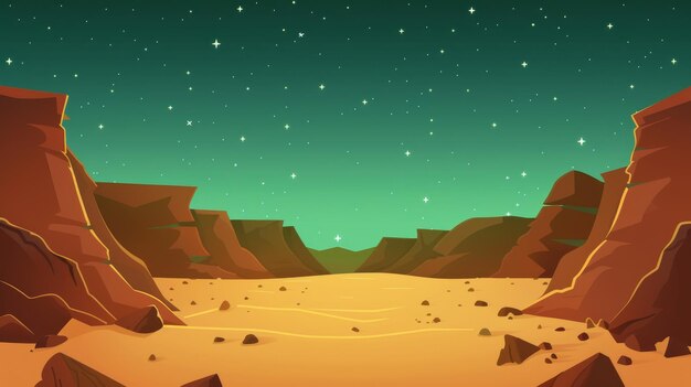 Photo background of a red space alien planet complete with mountains rocks a deep cleft and stars cartoon illustration of an extraterrestrial environment on mars