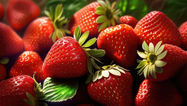 background of red strawberries with green leaves ai generation