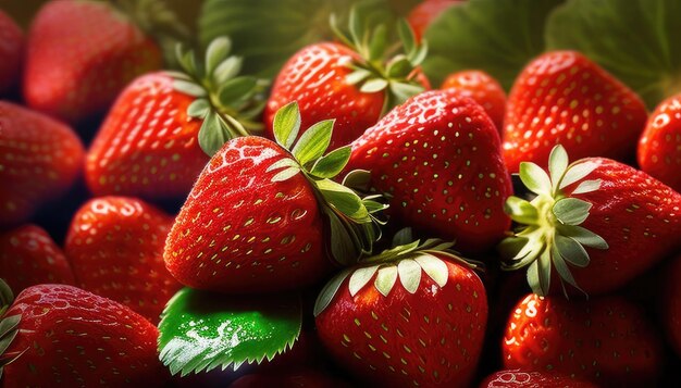 background of red strawberries with green leaves ai generation