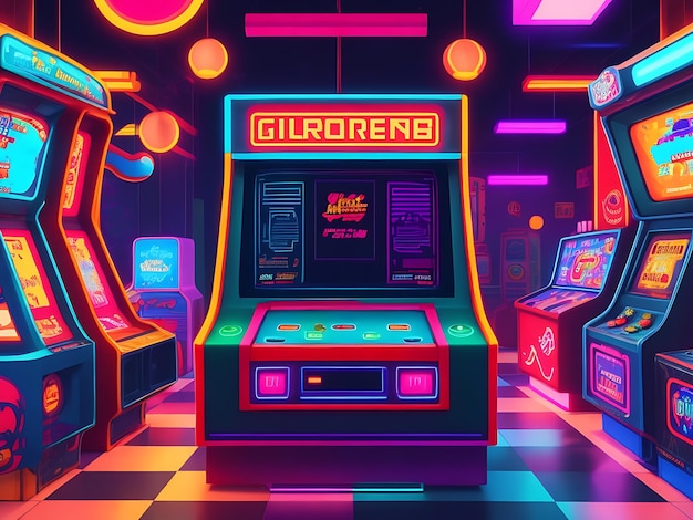 a background reminiscent of a retro arcade with rows of colorful arcade machines glowing screens