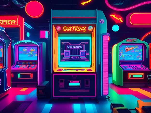 a background reminiscent of a retro arcade with rows of colorful arcade machines glowing screens