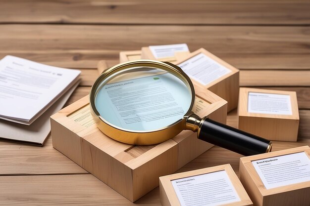 Photo on the background of reports on wooden cubes there is a magnifying glass with a place to insert text template business concept