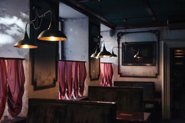 Background retro vintage interior pub cafe bar or restaurant in old city district Concept design interior and stylish wallpaper