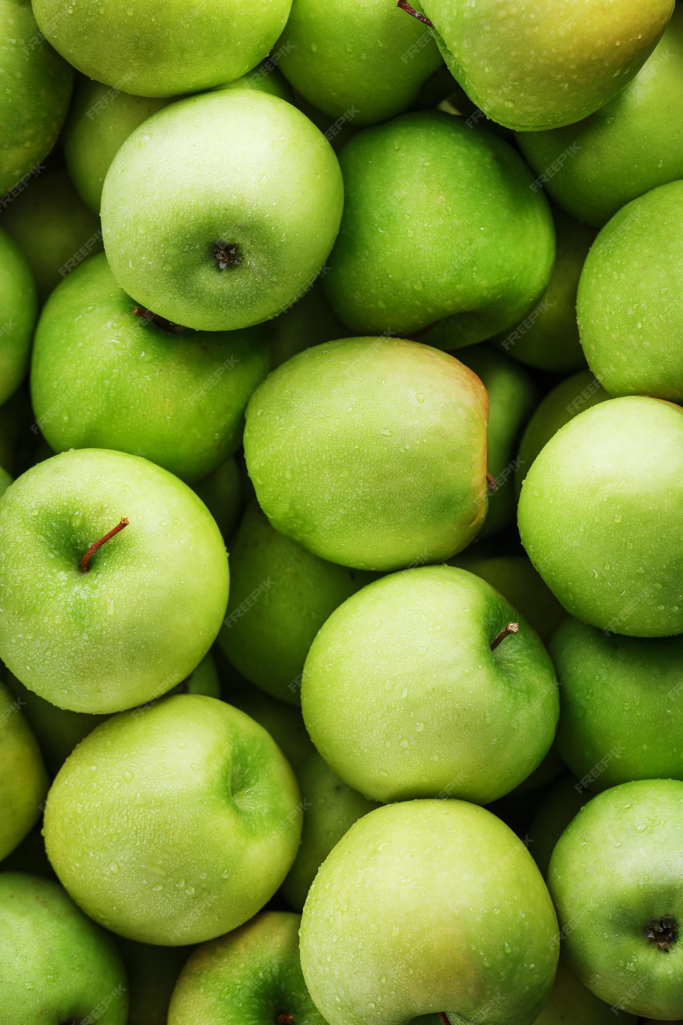 organic juicy green apples. above view Stock Photo by nblxer