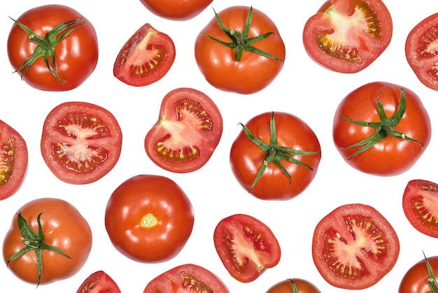 Background of ripe tomatoes on white Food and cooking