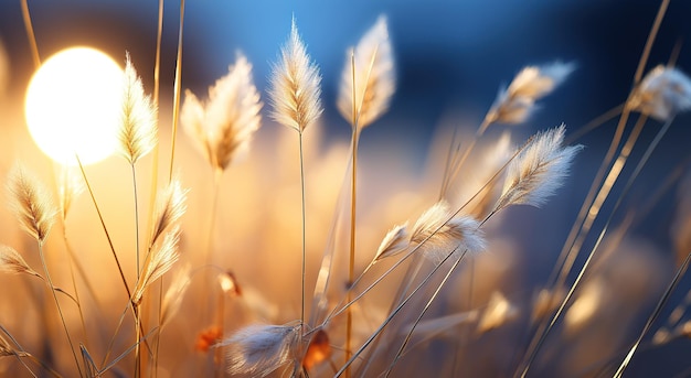 background of ripening ears of yellow wheat field at sunset cloudy orange sky background Copy space