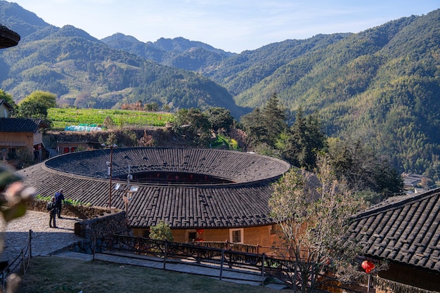 Background of the roofs of the Tulou Buildings on a sunny day Early morning copy space for text