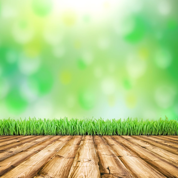 Background room interior Fresh spring green field grass with blue bokeh and sunlight and wood floor