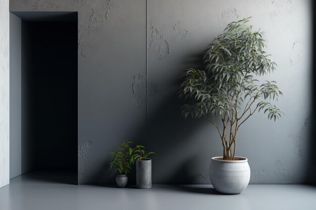 部屋のインテリアの背景には、灰色の漆喰壁と鉢植えの植物 AI が特徴です