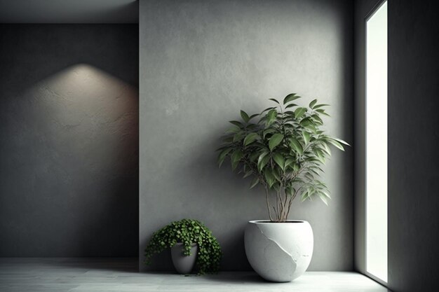 Фоном интерьера комнаты является серая оштукатуренная стена и растение в горшке AI.