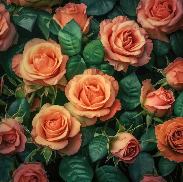 Background of rose buds with green leaves