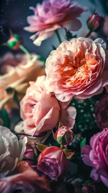 Background of roses of different colors generative ai