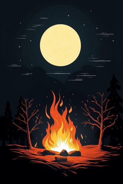 Фото Фонная сцена лунной ночи с минималистским изображением огня лохри, создающим баланс