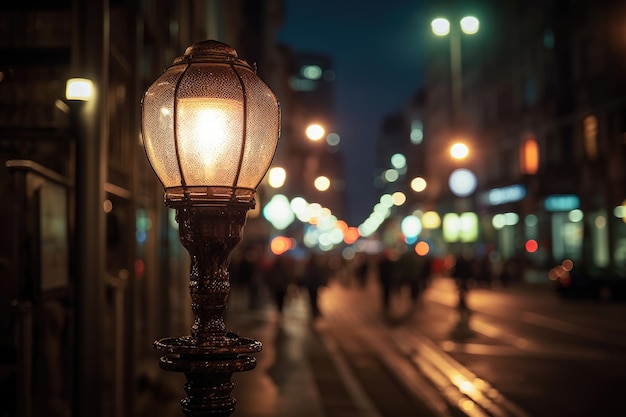 Background scene with a street lamp and bokeh effect in the city center at night Generative AI