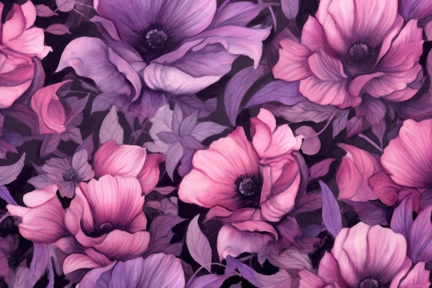 Photo background of a seamless floral pattern in violet red pink purple and black generative ai