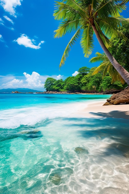 background Serene deserted beach a pristine oasis where blue waters meet golden sands