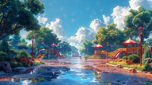 Photo background set playground amusement park fantastic cartoon style artwork scene for wallpaper story background card design