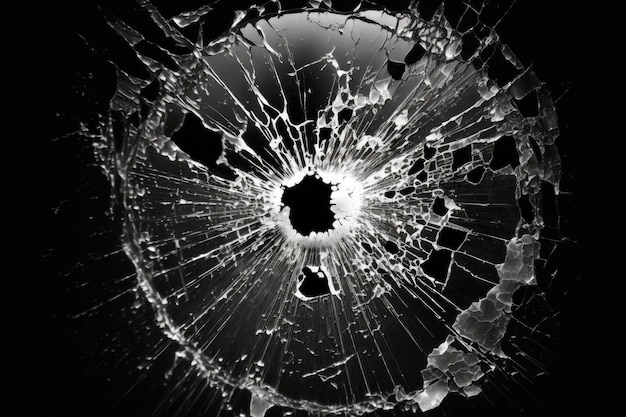 Background of shattered glass with bullet hole On a background of black isolated