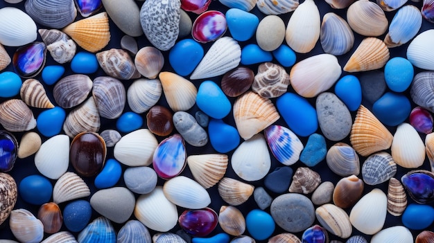 Foto sullo sfondo di conchiglie e pietre su blu