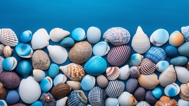 Background of shells and stones on blue