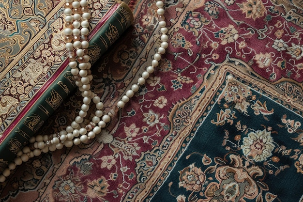 Background showcasing an Arabian carpet with prayer beads and Quran