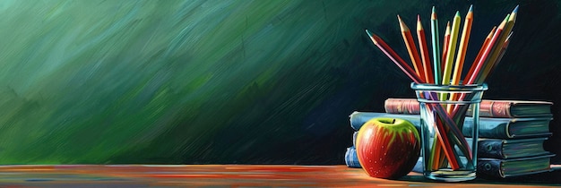 The background shows books an apple and colored pencils in a pencil holder on a table