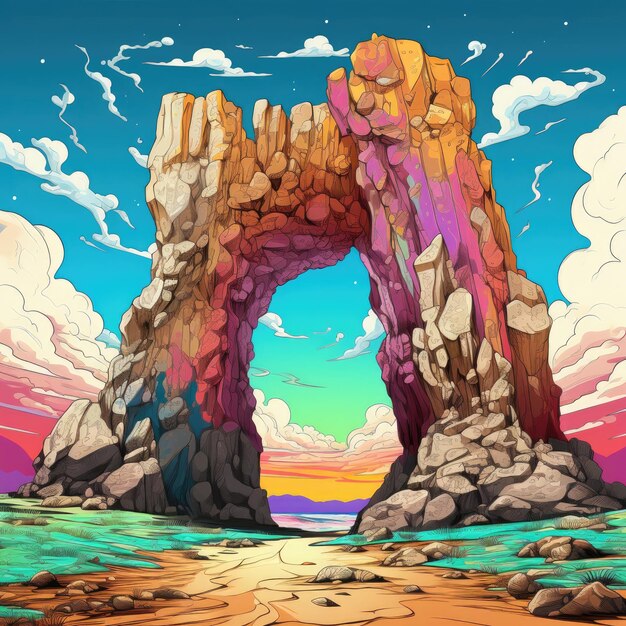 The background shows a colorful rock formation and sky Generative AI