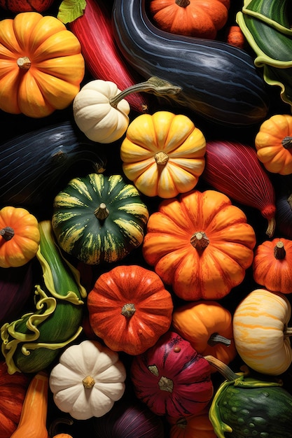 background of small colored pumpkins Concept Thanksgiving autumn holidays Cooking healthy food vegetables